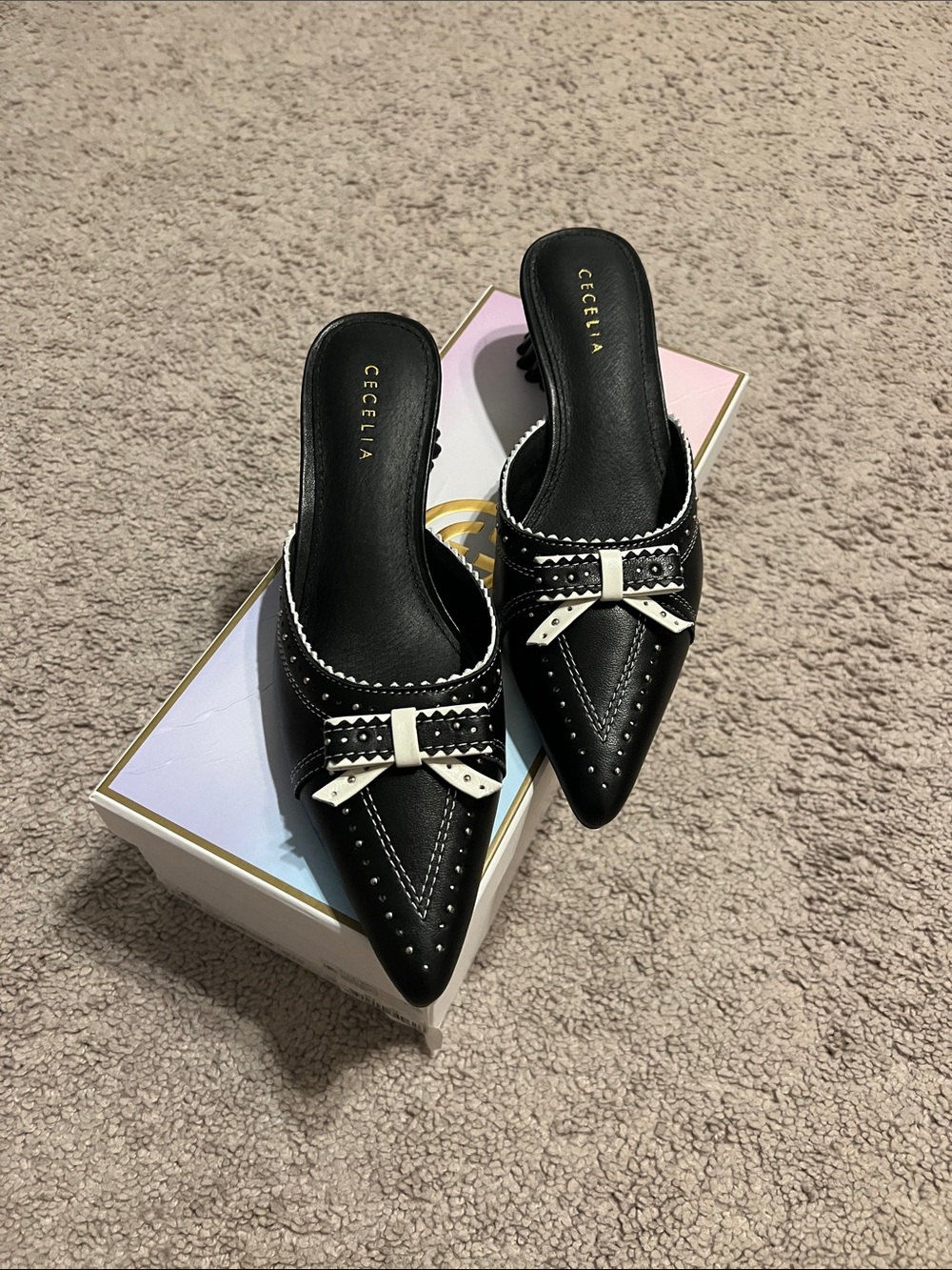 Black Pointed Bow Slip-On Mules